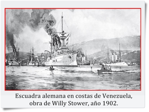 Escuadra alemana en costas de Venezuela, obra de Willy Stower, año 1902.